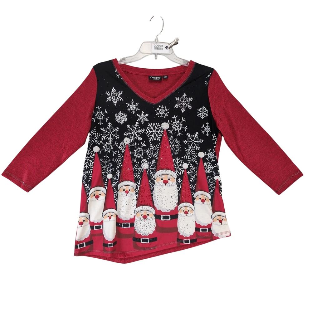 Onque Casual Santa Gnomes Holiday Shirt Top Womens XL P Embellished Snowflakes‎